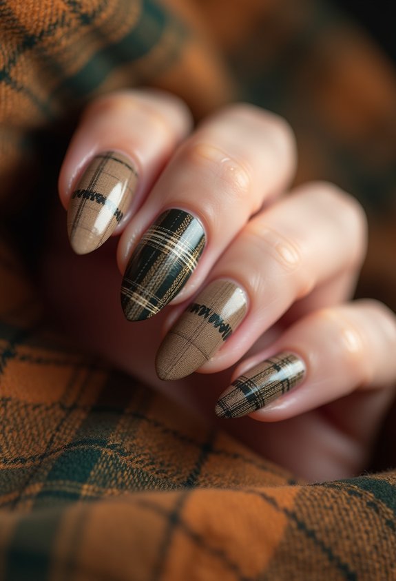 autumn plaid almond nails