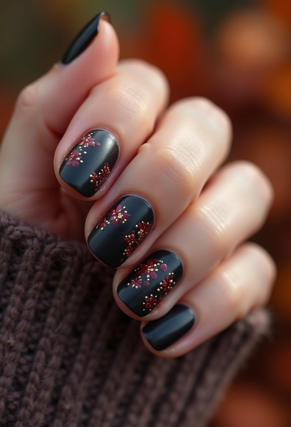 black nails with autumn florals