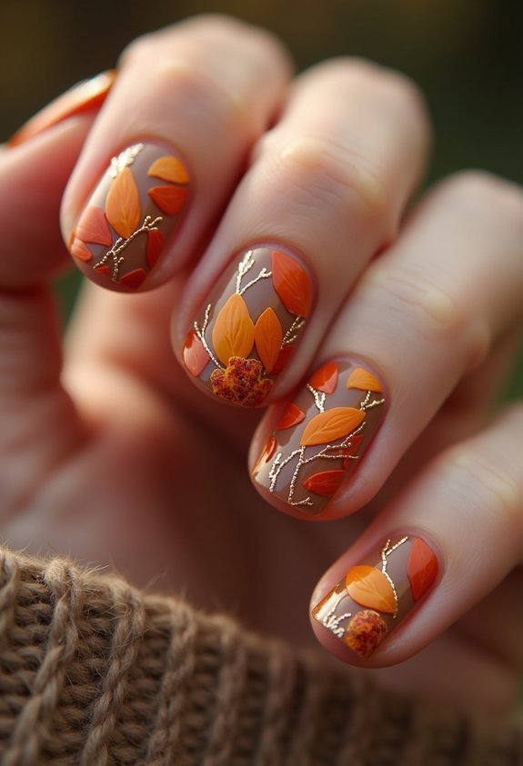 burnt orange leaf accent nails