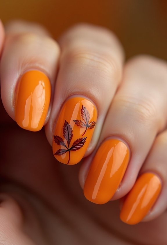 burnt orange leaf accent nails