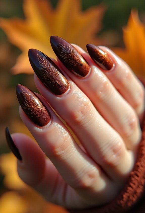 chocolate brown leaf nail design