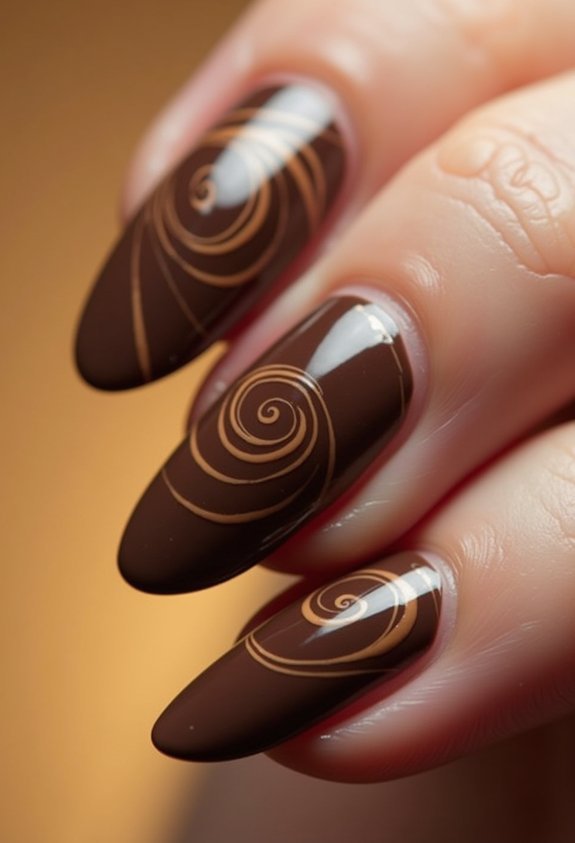 chocolate brown swirl manicure