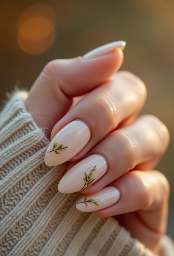 cream base leaf accent nails