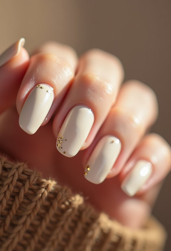 cream nails with gold foil accents