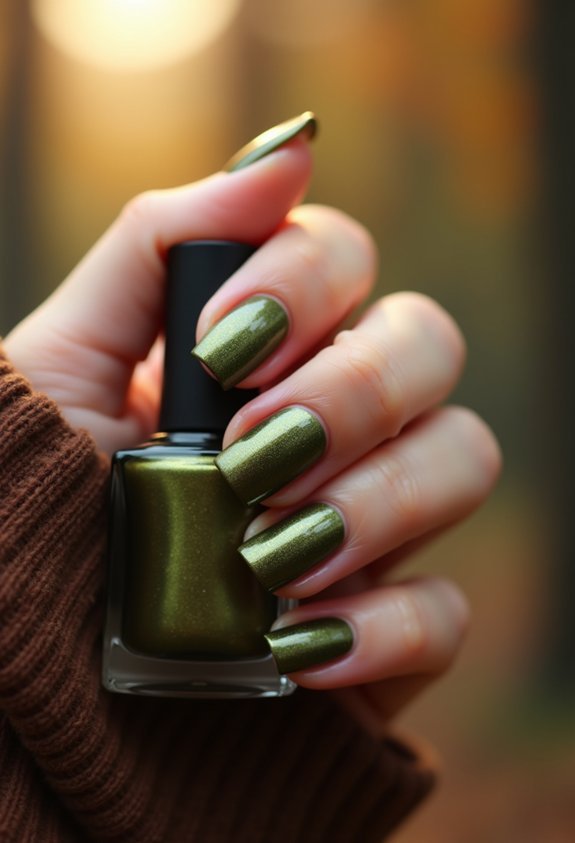 earthy olive chrome mirror nails