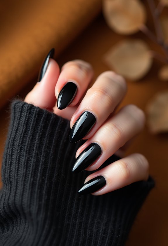 elegant glossy black almond nails