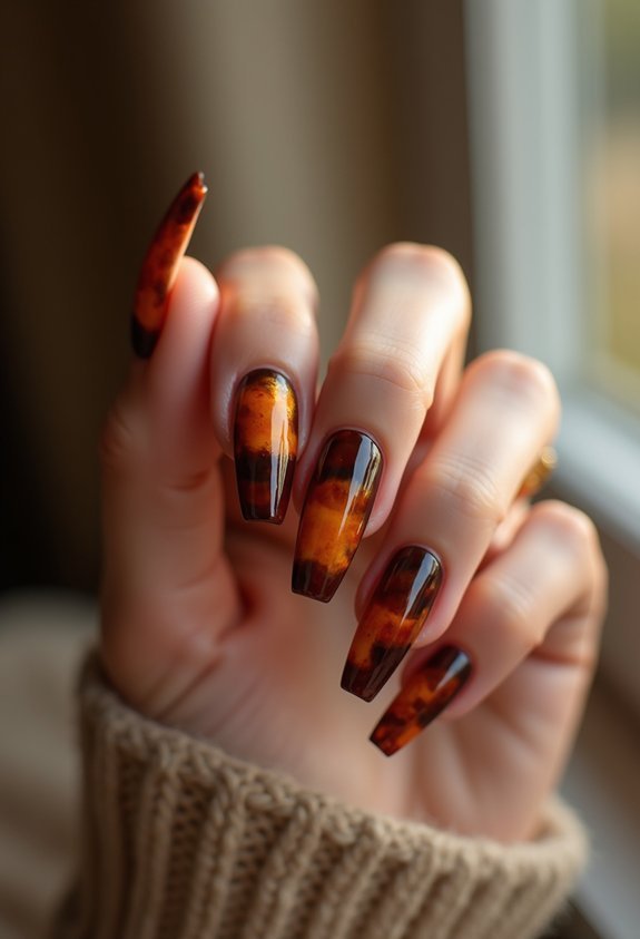 glossy autumn tortoiseshell coffin nails