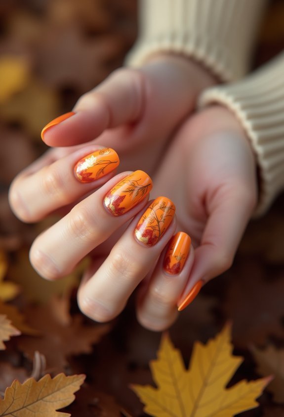 glossy orange leaf accent nails