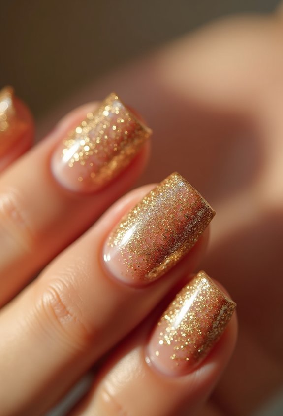 gold glitter over nude nails