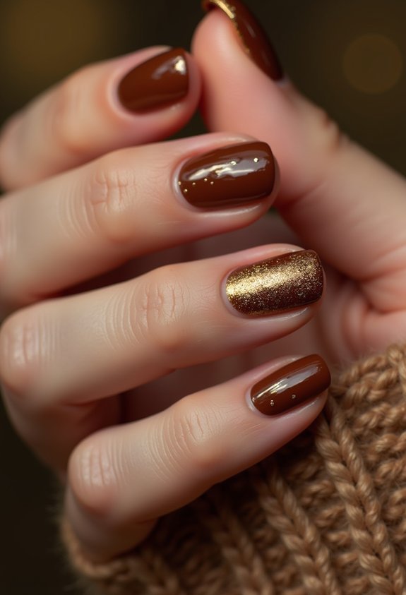 luminous gold accent brown nails