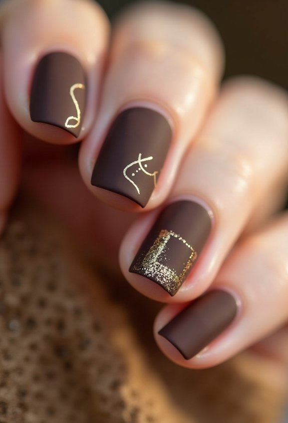 matte brown gold accent nails