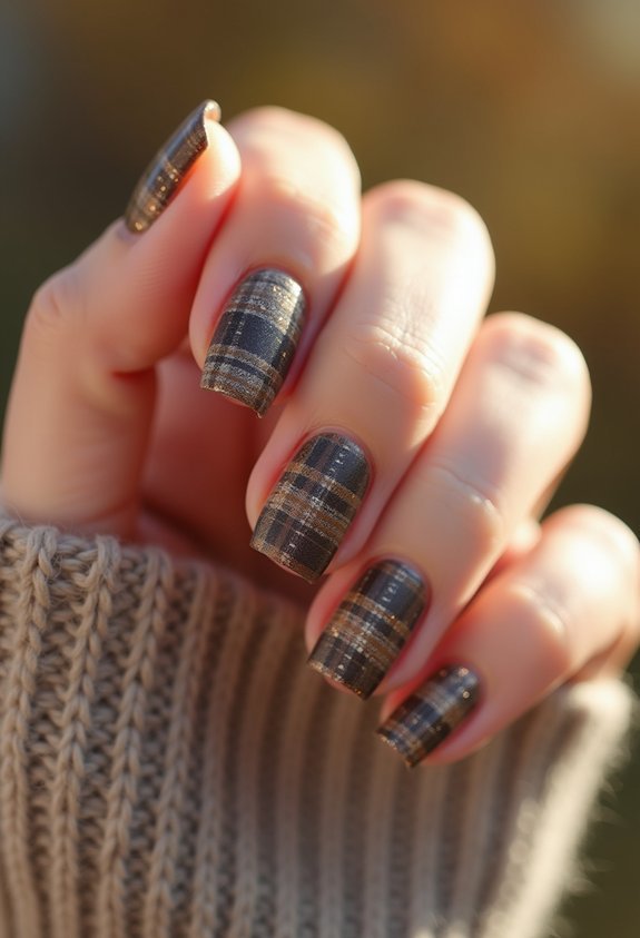 neutral nails with plaid accent
