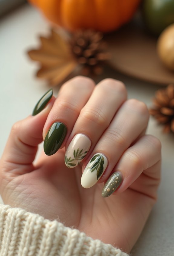 olive and cream accent nails