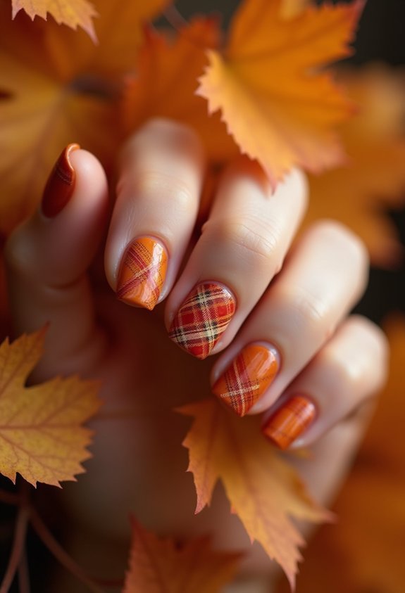 orange plaid tartan nail art