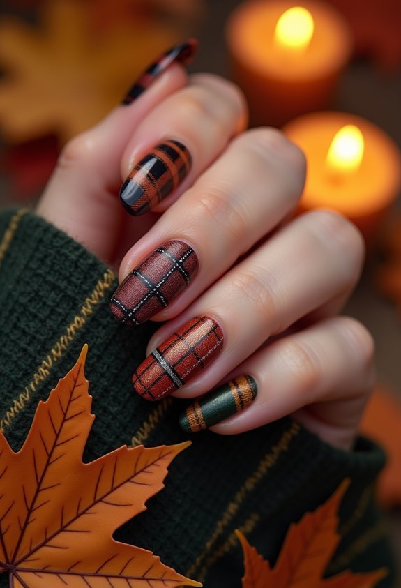 rust and cream plaid manicure stripes