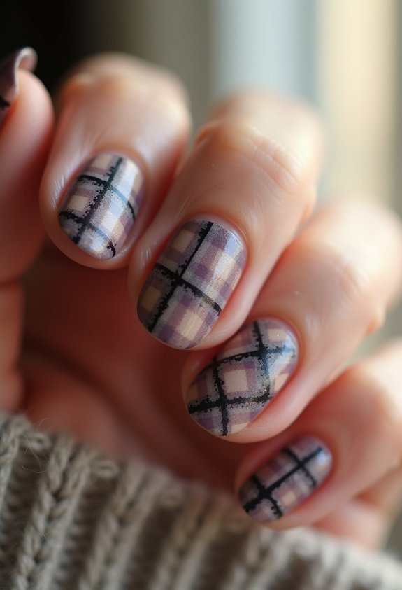 soft diffused plaid fall nails